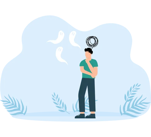 Depressed girl with anxiety and scary fantasies feeling sorrow and fears and sadness  Illustration