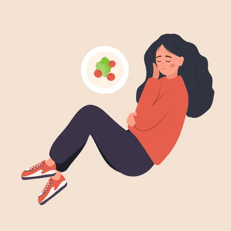 Eating Disorder Depressed Woman Is Lying On Floor And Feeling Nausea From Food Bulimia Or Anorexia Concept Girl With Mental Problems Vector Illustration In Flat Cartoon Style Illustration