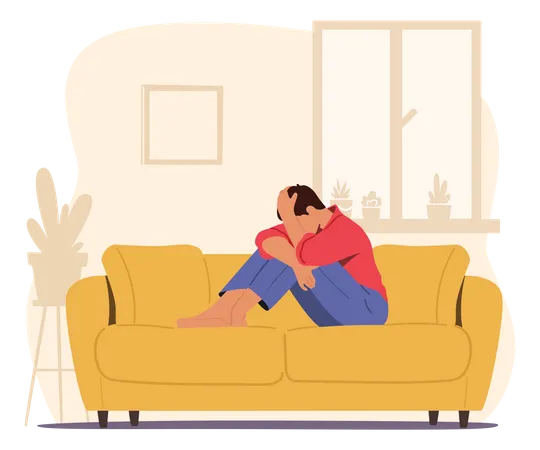 Despair Frustration Life Problems Concept Young Depressed Upset Desperate Man Character Sitting On Couch Covering Face Crying Depression Headache Migraine Concept Cartoon Vector Illustration Illustration
