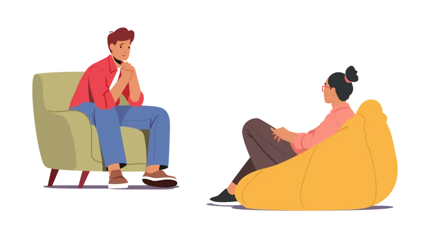 Depressed Man Sitting On Couch At Psychologist Appointment For Professional Help Doctor Specialist Character Talking With Patient About Mind Health Problem Cartoon People Vector Illustration Illustration
