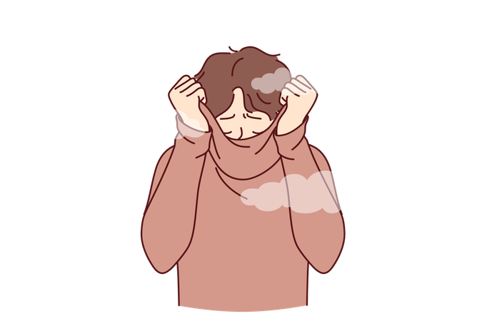 Depressed man hides face behind collar of sweater  Illustration