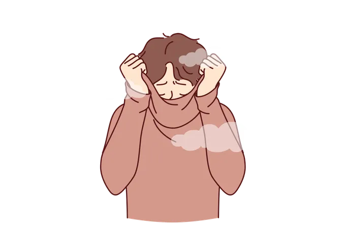 Depressed man hides face behind collar of sweater  Illustration