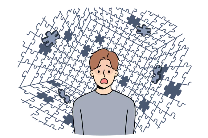 Depressed man screams during panic attack and standing among collapsing puzzle  Illustration