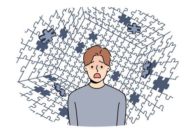 Depressed man screams during panic attack and standing among collapsing puzzle  Illustration