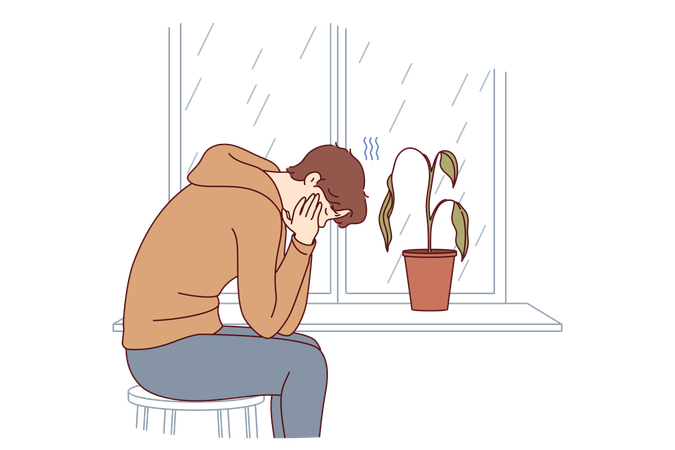 Depressed man sits alone and suffers from melancholy in room with window and wilted flower  Illustration