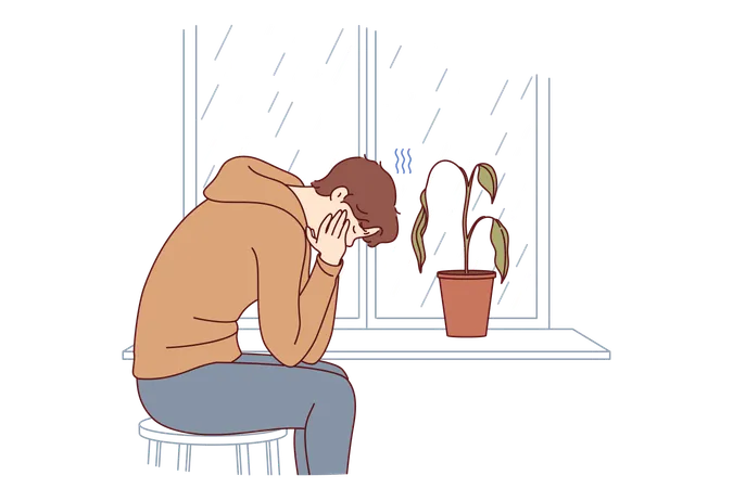 Depressed man sits alone and suffers from melancholy in room with window and wilted flower  Illustration