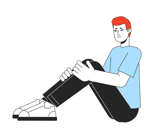 Depressed Man Sitting And Holding Legs Flat Line Color Vector Character Editable Simple Outline Full Body Person On White Worrying Cartoon Spot Illustration For Web Graphic Design And Animation Illustration