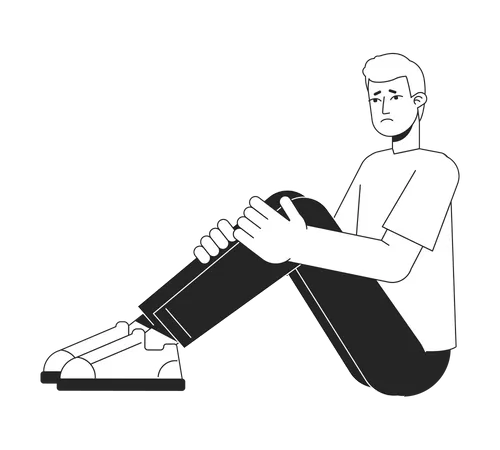 Depressed Man Sitting And Holding Legs Flat Line Black White Vector Character Editable Isolated Outline Full Body Person Simple Cartoon Style Spot Illustration For Web Graphic Design Animation Illustration