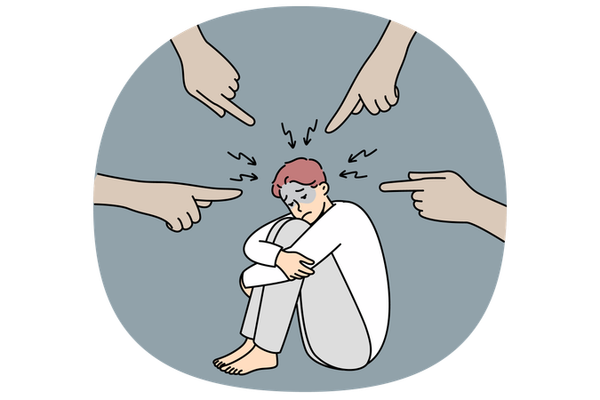 Depressed man sitting on floor feeling anxiety from hands pointing at him  Illustration