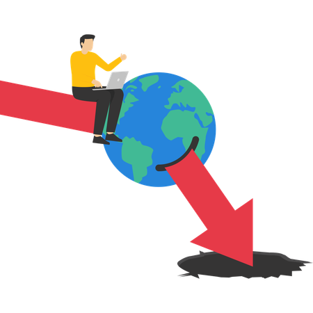 Depressed man sitting on globe with red arrow falling down  Illustration