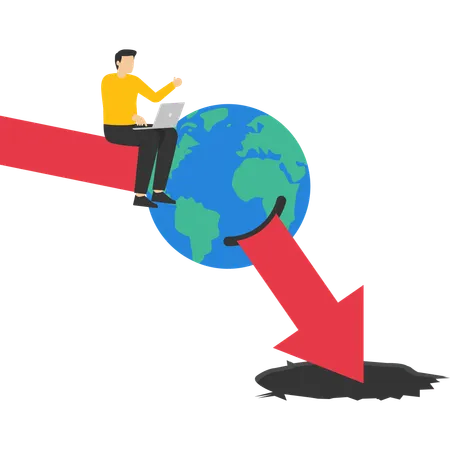 Depressed man sitting on globe with red arrow falling down  Illustration