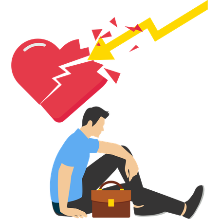 Depressed man sitting with broken heart  Illustration