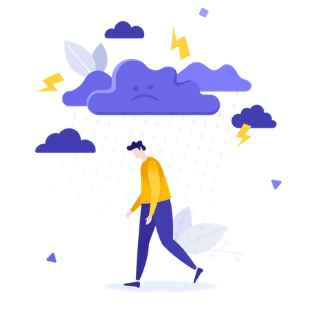 Depressed man walking under rain  Illustration