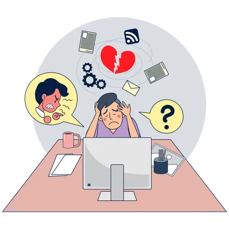 Big Isolated Young Man Work On A Office Desk In Computer Depressed Heart Broken Under Pressure Cartoon Character Vector Illustration Illustration