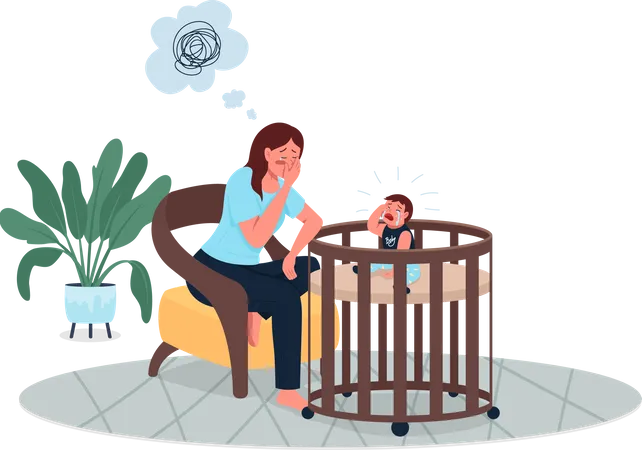 Depressed mother with crying baby Illustration