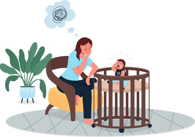 Depressed mother with crying baby  Illustration