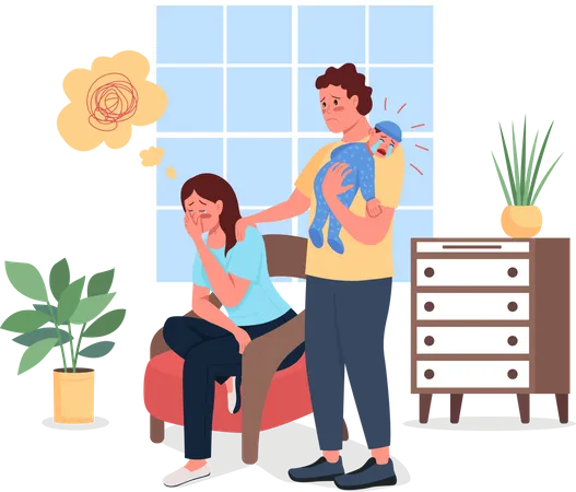 Depressed mother with husband and baby Illustration