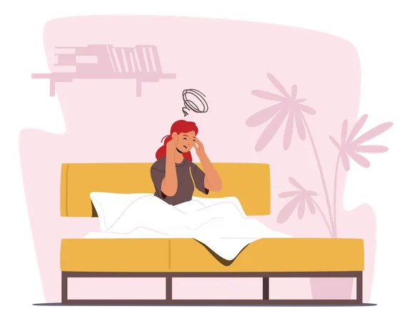 Female Character Depression And Migraine Depressed Woman With Bewildered Thoughts In Mind And Headache Young Sad Girl Sitting In Bed With Unhappy Emotion Mental Disease Cartoon Vector Illustration Illustration