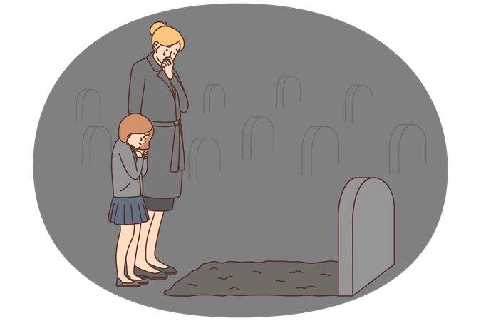 Depressed woman and child crying at tombstone  Illustration