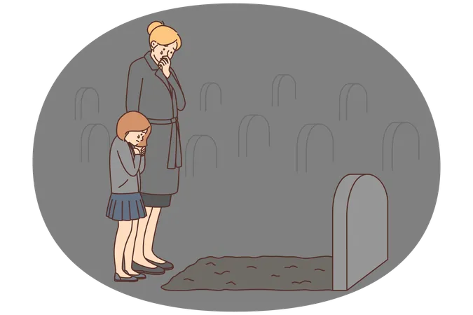 Depressed woman and child crying at tombstone  Illustration