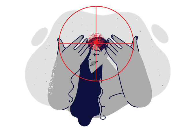 Depressed woman at gunpoint near head, suffering from migraine and headache caused by stress  Illustration