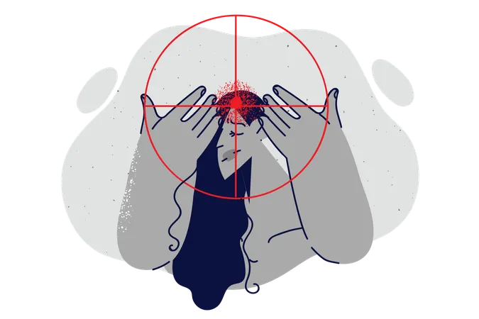 Depressed woman at gunpoint near head, suffering from migraine and headache caused by stress  Illustration