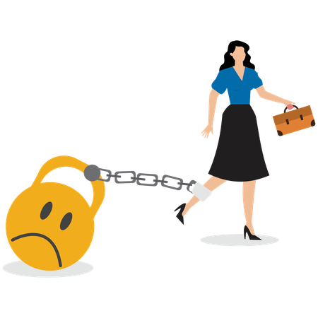 Depressed woman chain with sad face burden  Illustration