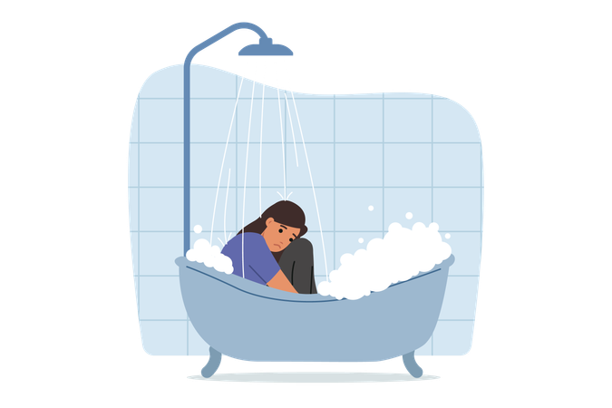 Depressed woman in clothes sits in bathtub with water  Illustration