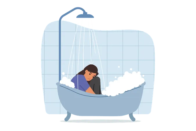 Depressed woman in clothes sits in bathtub with water  Illustration