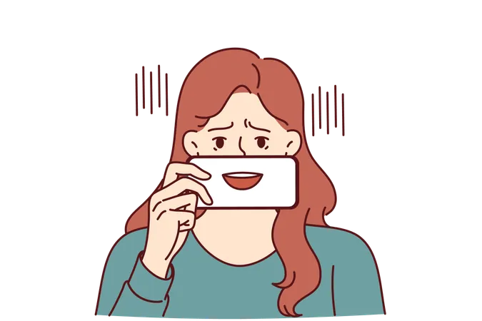 Depressed Woman With Fake Smile Hides Emotions Pretending To Be Extrovert And Happy Human Depressed Girl With Talking Mouth On Phone Screen Symbolizes Psychological Problems And Lack Of Own Opinion Illustration