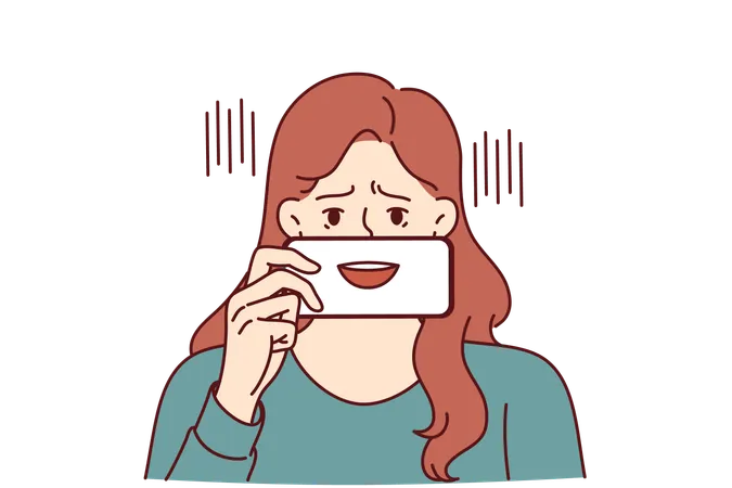 Depressed woman is giving fake smile  Illustration