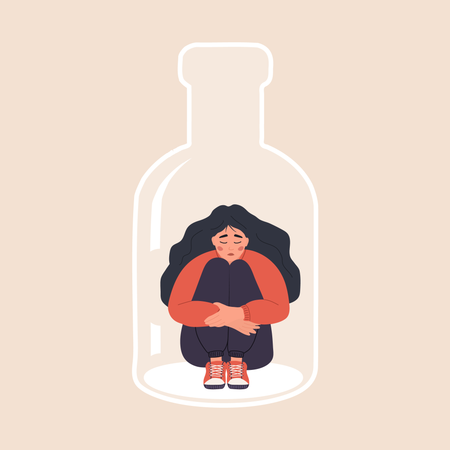 Depressed Woman sitting on bottom of bottle and hugging her knees  Illustration