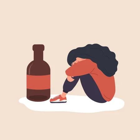 Dipsomania Concept Depressed Woman Sitting On Floor And Hugging Her Knees Alcoholic Mother Alcohol Addiction Vector Illustration In Flat Cartoon Style Illustration