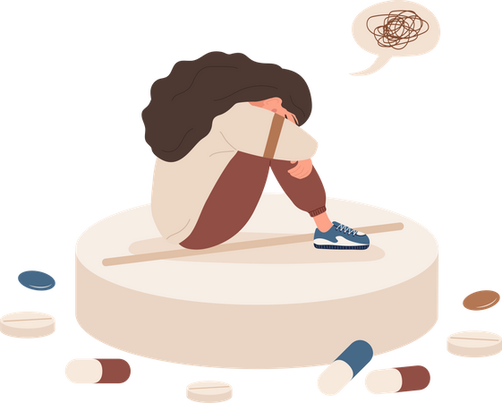 Depressed woman sitting on pill Illustration