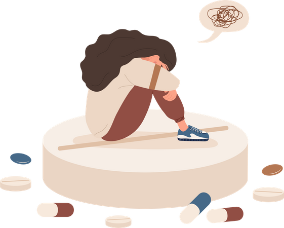 Depressed woman sitting on pill  Illustration