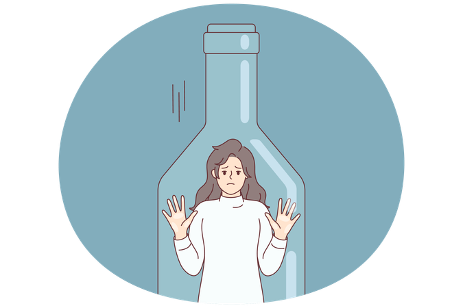 透明なボトルの中に立っている鬱状態の女性は、アルコール乱用のせいで外に出られない  イラスト