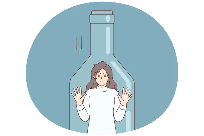 透明なボトルの中に立っている鬱状態の女性は、アルコール乱用のせいで外に出られない  イラスト