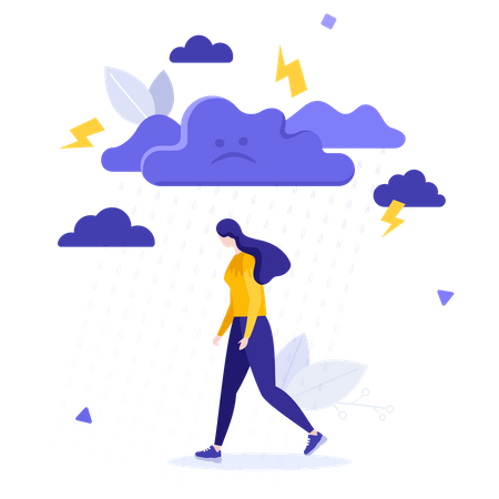 Depressed woman walking under rain Illustration