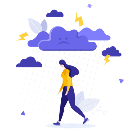 Depressed woman walking under rain Illustration