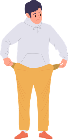 Depressed young boy demonstrating empty pants pockets  Illustration