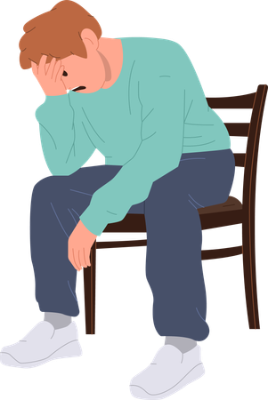Depressed young man holding head in hand sitting on chair  イラスト