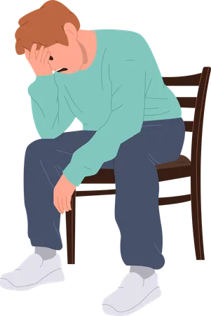 Depressed young man holding head in hand sitting on chair  イラスト