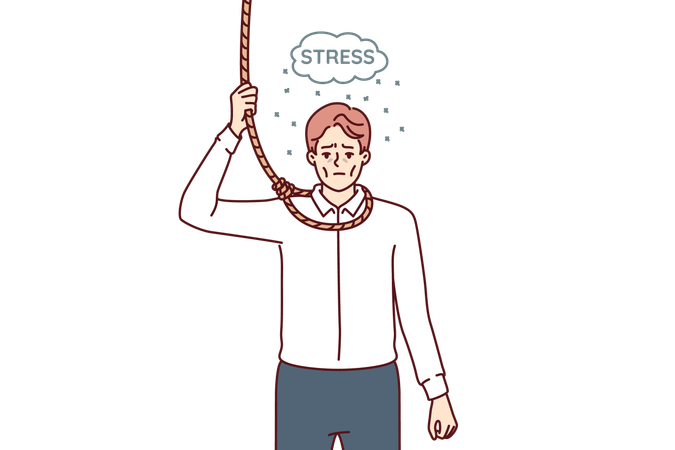 Depressed young man wants to commit suicide and hang himself due to being fired or going bankrupt  Illustration