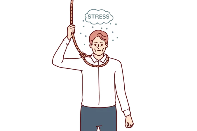 Depressed Young Man Wants To Commit Suicide And Hang Himself Due To Being Fired Or Going Bankrupt Guy In Business Clothes With Rope Around Neck Is Thinking About Suicide Due To Lingering Depression Illustration