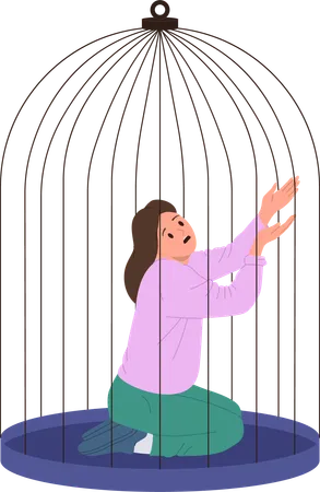 Depressed young woman trapped in cage feeling fear and helpless  Illustration