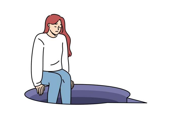 Depression in woman sitting on edge abyss in form speech bubble  Illustration