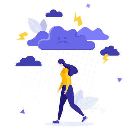 Depressive Frau läuft im Regen  Illustration