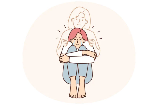 Depressive Frau weint über den Tod der Mutter oder Schwester, die über den Verlust und den Verlust eines Verwandten trauert  Illustration