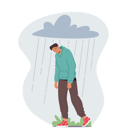 Depressiver, ängstlicher Mann leidet unter Depressionen oder Angstproblemen und fühlt sich frustriert, wenn er unter einer regnerischen Wolke über dem Kopf läuft  Illustration