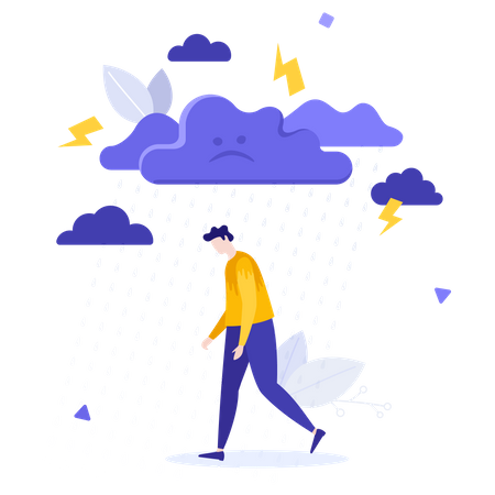 Depressiver Mann läuft im Regen  Illustration